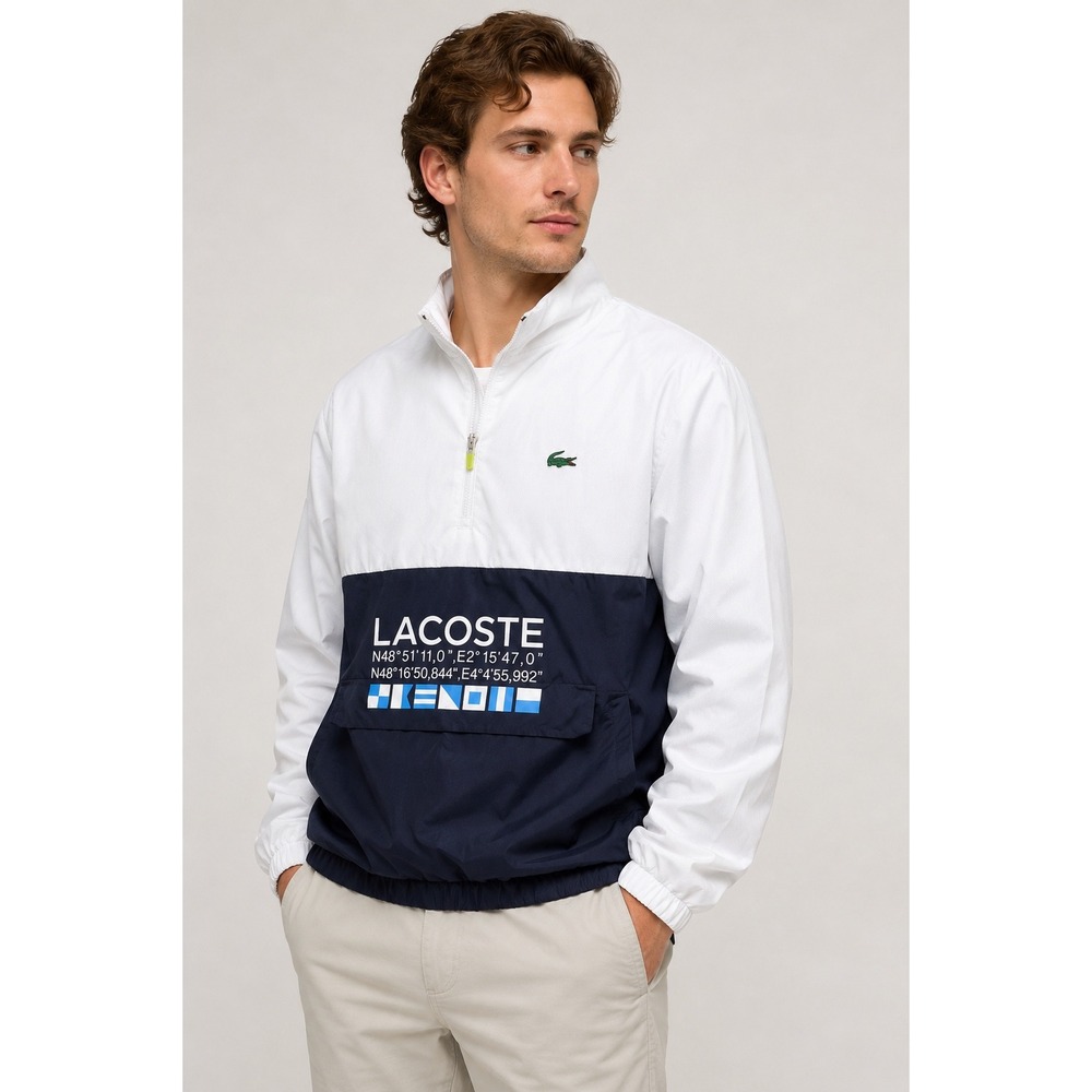 Lacoste Sport Windbreaker Mens Medium White Navy Reversible Nautical Quarter Zip